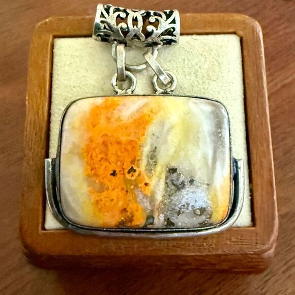 Artisan Multicolor Bumblebee Jasper Filigree Pendant Necklace Sterling Silver - Picture 3 of 5